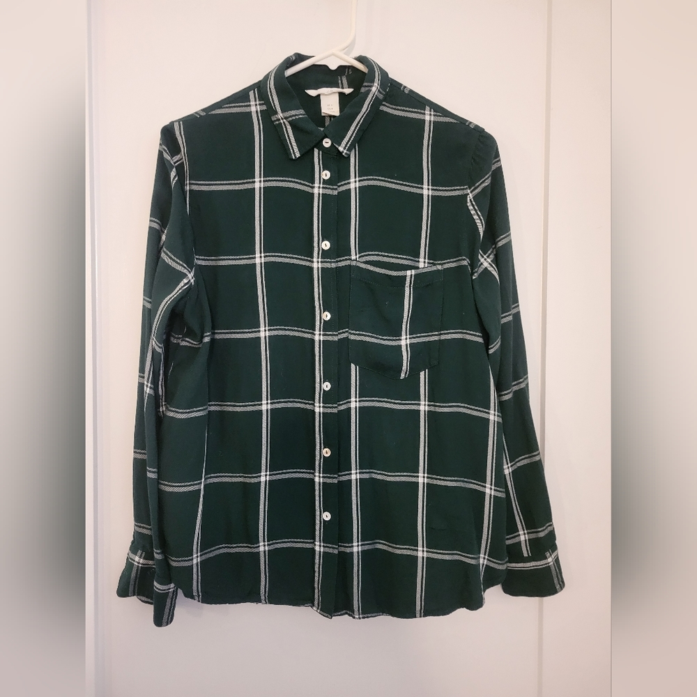 H&M Shirt Womens 10 Button Up Long Sleeve Green Plaid Great Condition